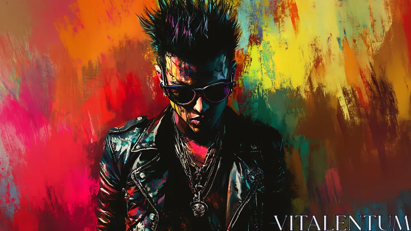 Neon punk silhouette blazing against wild color storm.