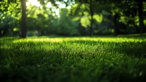 Sunlit Green Grass in a Tranquil Park, Soft Focus Nature Photo.