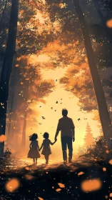 Family walks into golden autumn forest light together