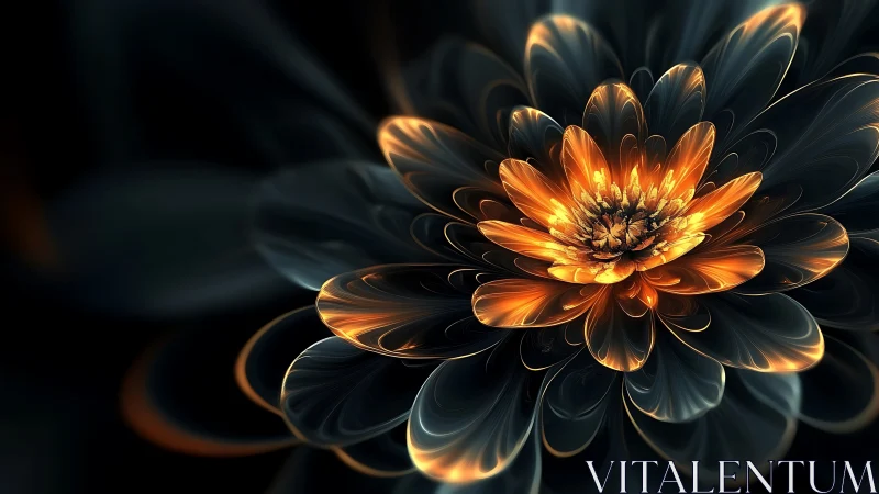 Luminous fractal flower with glowing amber petals on black