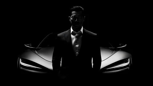 Man in suit silhouetted before luxury sports car front.
