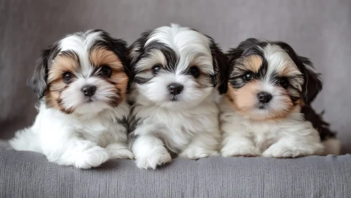 Three fluffy tricolor puppies on soft gray background.