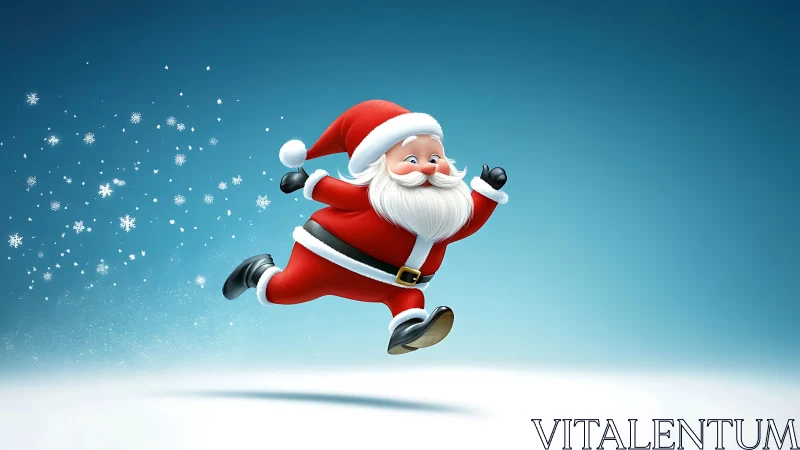 Joyful cartoon Santa runs through sparkling winter snow