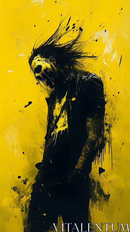 Kinetic splatter portrait of ink-slashed figure on yellow field.