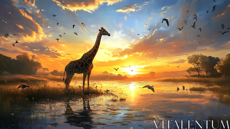 Giraffe wades through flaming sunrise over mirrored savanna pond.