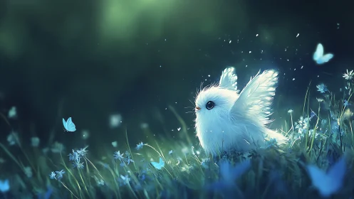 Fluffy meadow sprite greets twilight butterflies in hushlight.