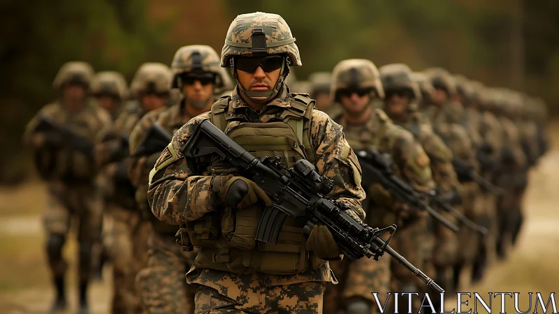 Steady military formation advancing through quiet woodland paths.