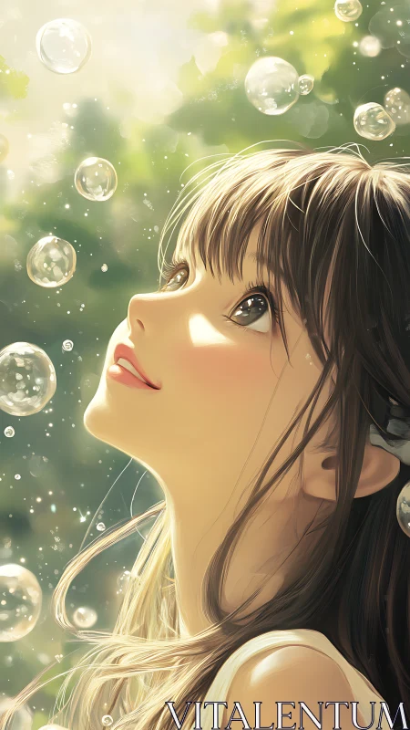 Sunlit anime portrait studies luminous bubbles and soft bokeh