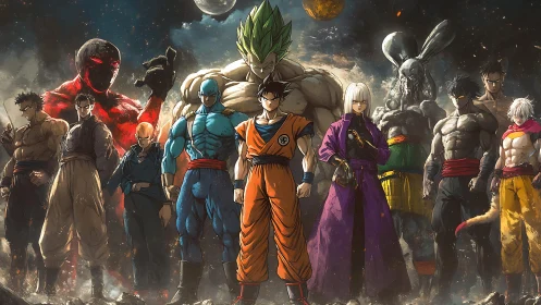 Epic anime warriors gather under cosmic skies for battle.
