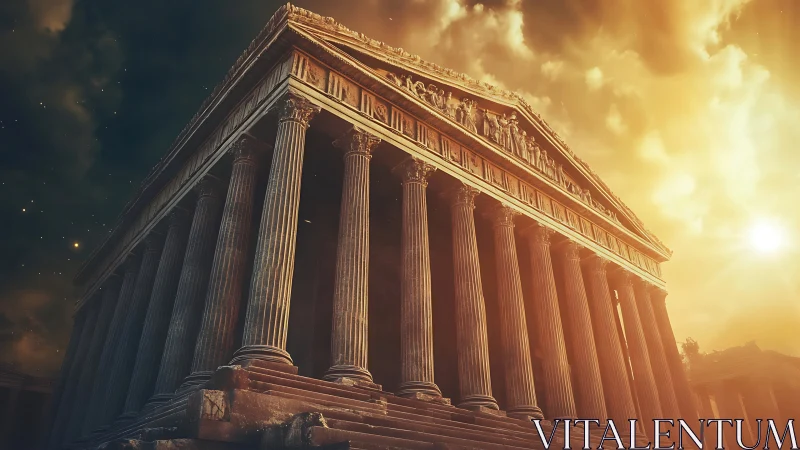 Classical stone temple with columns under dramatic sky.