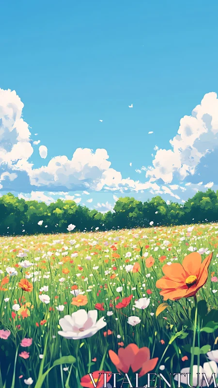 Wildflower meadow under clear sky with distant tree line.