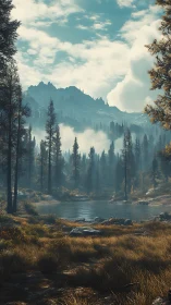 Mist-laced alpine lake beneath towering pine ridges.