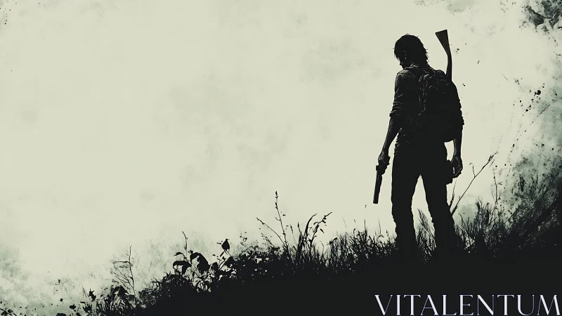 Silhouetted armed figure stands on grassy ridge in profile