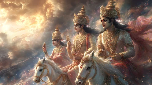 Divine warrior trio riding celestial white horses through clouds.