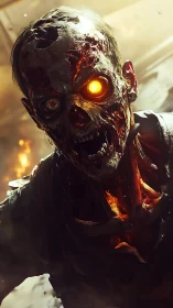 Burned skeletal humanoid with glowing eye in harsh light.