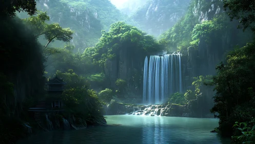 Hydrologic cascade in misted gorge with secluded temple lookout.