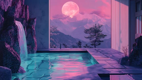 Futuristic pool terrace under pink moonlit mountains.