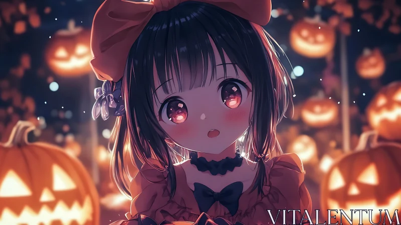 Anime girl in Halloween pumpkin field under warm bokeh lighting