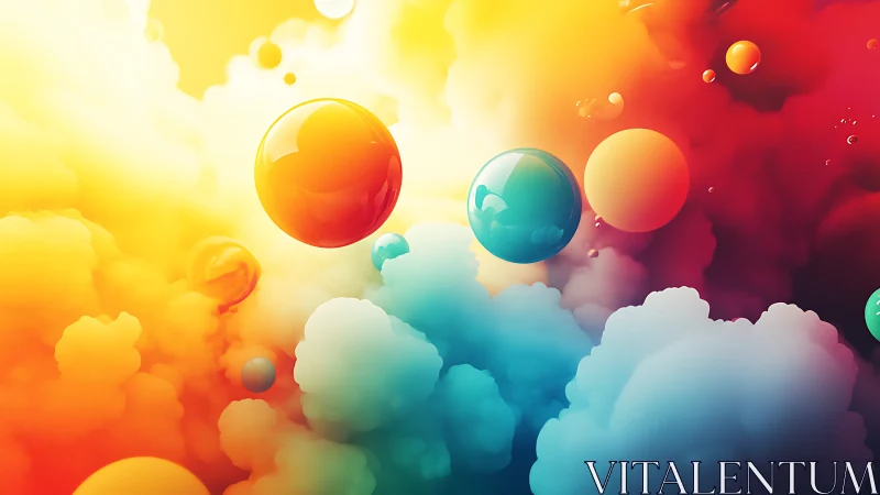 Spheres float within multicolored volumetric cloud formations