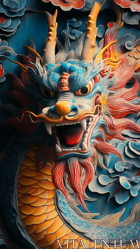 Carved dragon relief with high-chroma scales and sculpted cloud depth