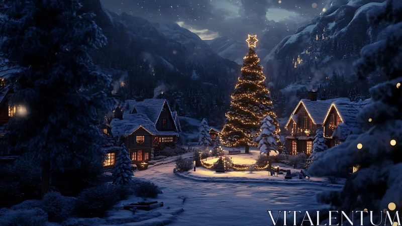 Snow covered village square contains illuminated Christmas tree