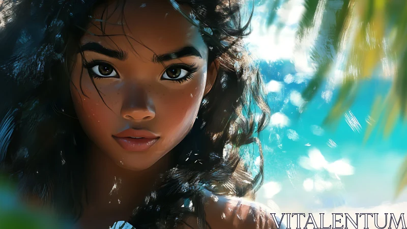 Sunlit island gaze with waves of windswept curls.