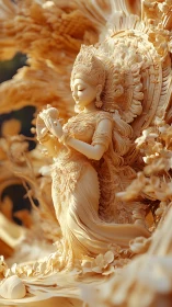 Ornate golden goddess sculpture with flowing carved drapery.