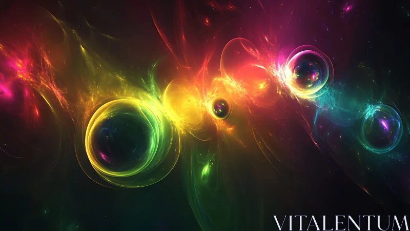 Nebula orbs drift through radiant prismatic cosmic waves