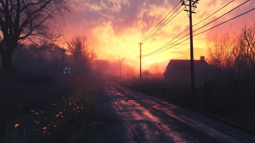 Quiet country road at sunrise wrapped in soft golden mist.