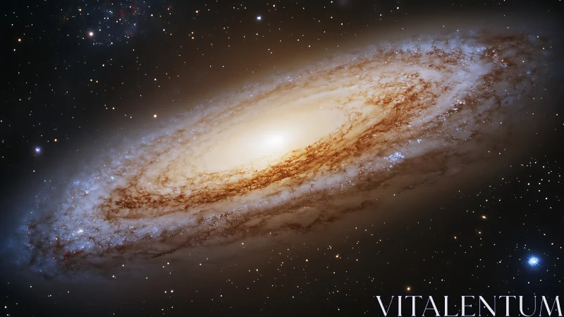 Edge-on barred spiral galaxy with luminous bulge and dust lanes.