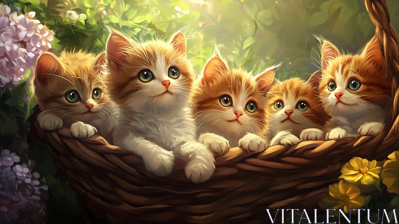 Five Orange and White Kittens in Wooden Basket.