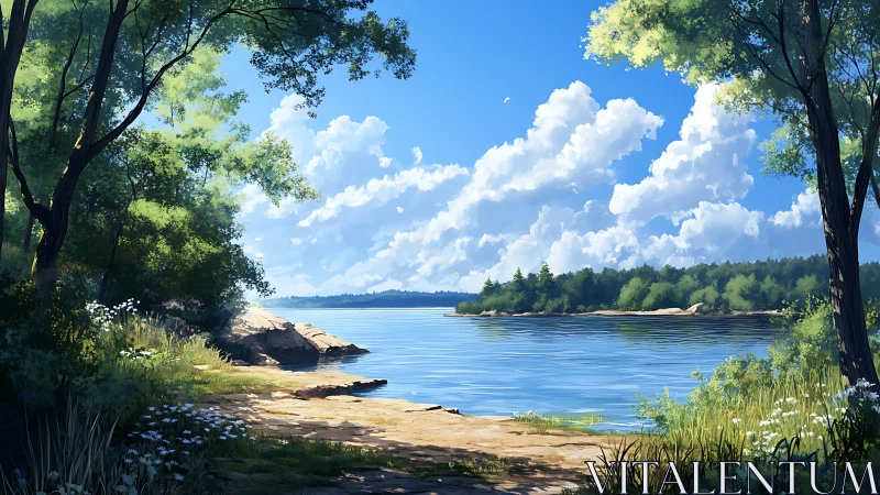 Lakeside Sanctuary: Digital Landscape with Dramatic Cloud Formation.