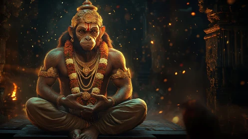 Firelit monkey deity in serene temple meditation at dusk.