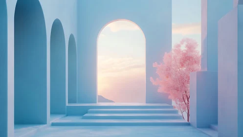 Pastel arches frame a dreamy sky over tranquil steps.