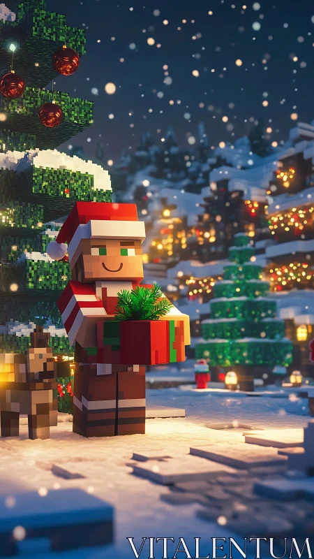 Blocky character holds Christmas gift in snowy village