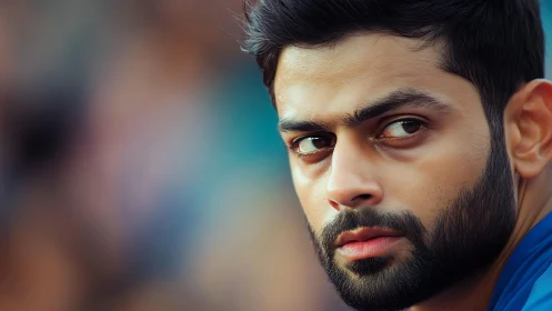 Intense bearded man in close-up portrait stares sideways.