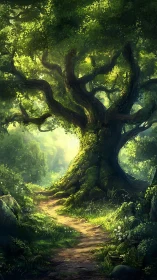 Ancient forest canopy demonstrates advanced volumetric light rendering through gnarled trunk.