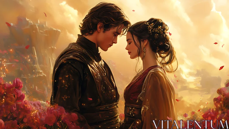 Romantic couple in fantasy landscape surrounded by glowing red flowers