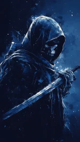 Hooded skeletal figure with sword in monochrome blue palette.