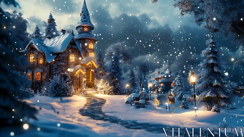 Snowfall illuminates a stylized winter cottage with warm emissive lighting