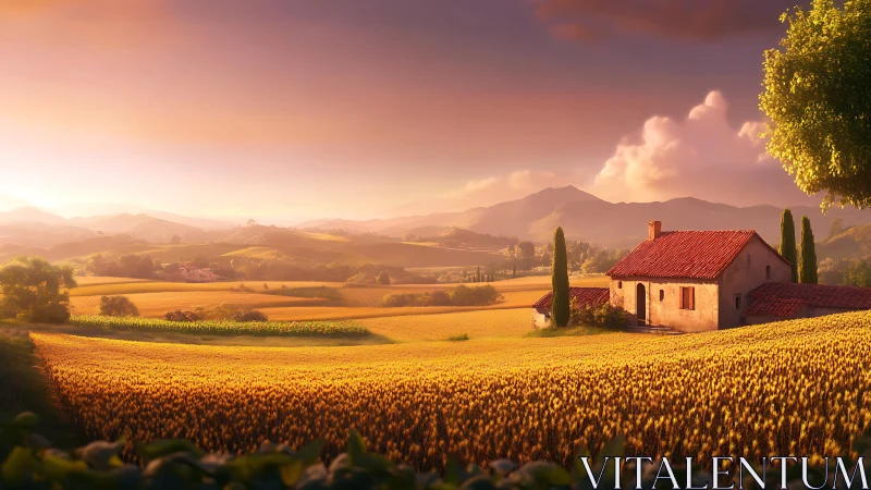 Sunlit Tuscan farmhouse amid rolling golden wheat fields.