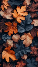 Overlapping orange and dark blue maple leaves form dense pattern
