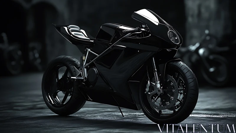 Midnight black superbike in moody cinematic garage light.