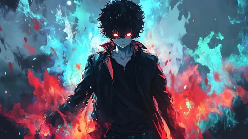 Dark anime figure amid dual-color elemental energy field