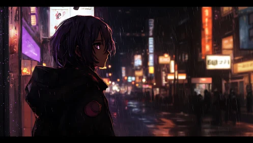 Rain-soaked drifter watches neon dreams bleed down streets.