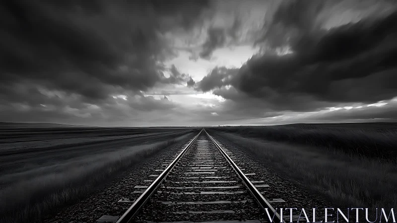 Railway tracks extending into horizon under dense clouds.