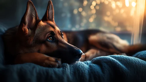 German shepherd rests on bed in gentle sunset glow.