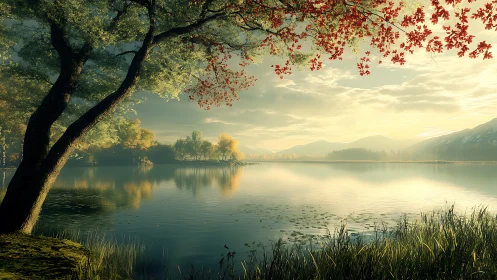 Digital painting of tranquil lakeside grove at sunrise.