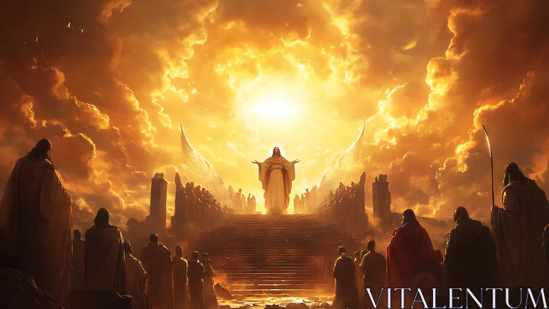 Radiant celestial throne summons robed figures in awe.