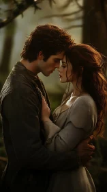 Intimate Couple Portrait with Golden Hour Backlighting and Naturalistic Environment.